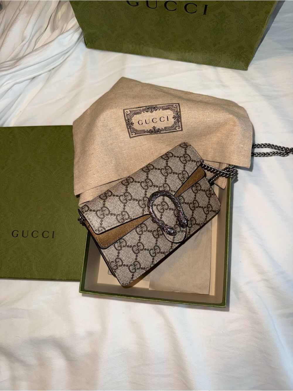 Gucci GG Supreme Shoulder Bag in Beige and Brown with Silver Hardware